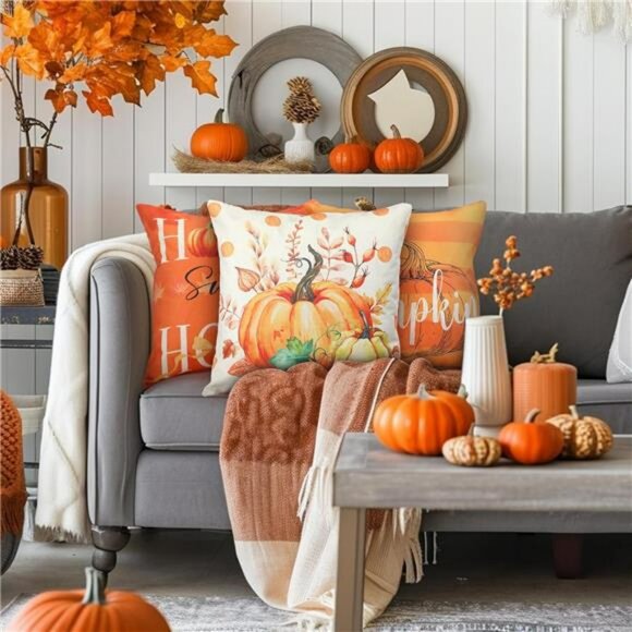 Fall Pumpkin Pillow Covers Set of 12 Thanksgiving Autumn Throw Pillow Cases 18x1 - Picture 6 of 8
